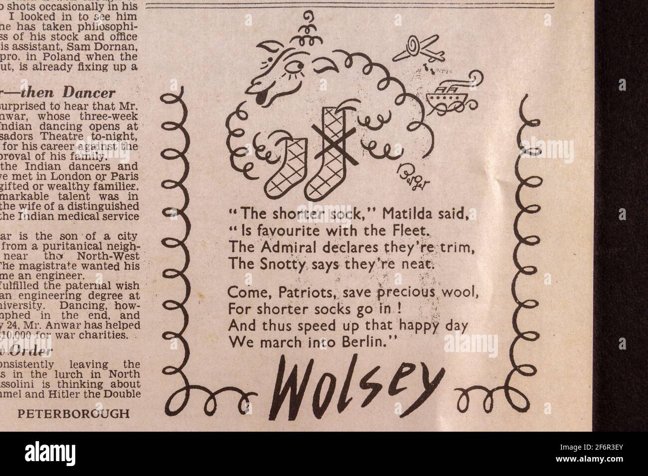 Werbespot für Wolsey im Daily Telegraph (Replik), 18. Mai 1943, einen Tag nach der Razzia von Dam Busters. Stockfoto