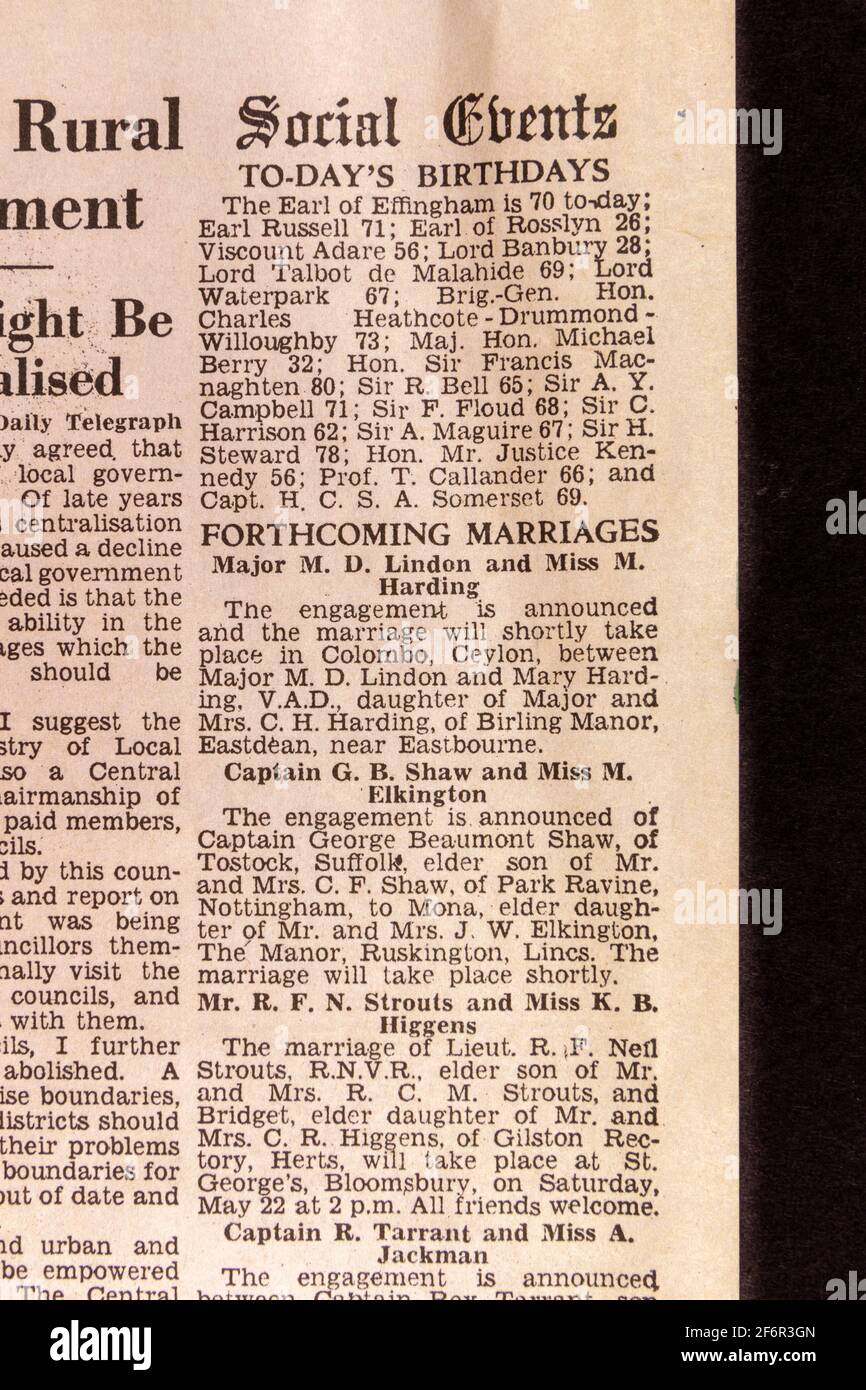 Kolumne zu sozialen Veranstaltungen mit Geburtstagen und bevorstehenden Hochzeiten im Daily Telegraph (Replik), 18. Mai '43, am Tag nach der Razzia von Dam Busters. Stockfoto