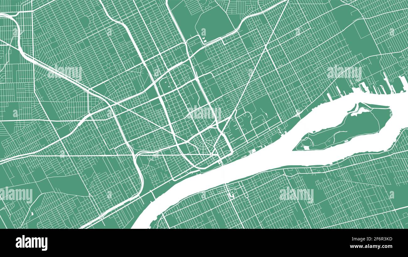 Grün-Weiß-Vektor-Hintergrundkarte, Detroit Stadtgebiet Straßen und Wasserkartographie Illustration. Breitbild-Anteil, digitales flaches Design Straße Stock Vektor