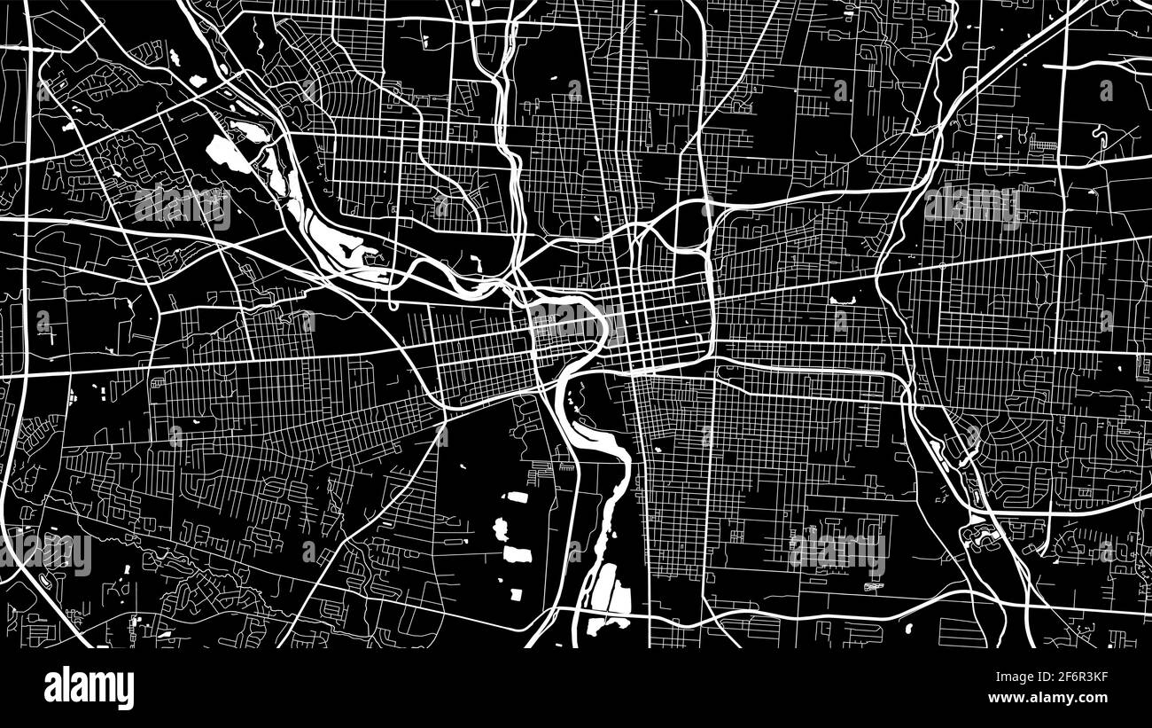 Schwarz-Weiß-Vektor-Hintergrundkarte, Columbus Stadtgebiet Straßen und Wasserkartographie Illustration. Breitbild-Anteil, digitales flaches Design Stock Vektor