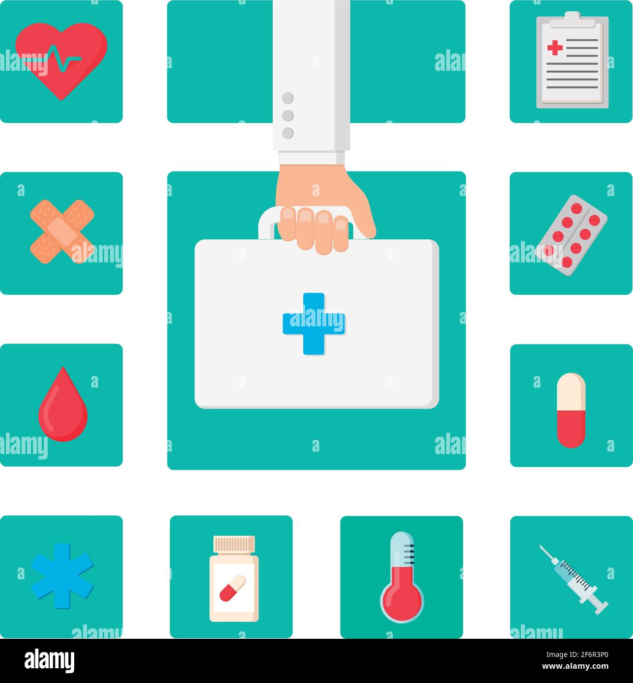 Satz von flachen Symbolen Gesundheitswesen Konzept. Handarzt mit einer medizinischen Tasche und zehn medizinischen Symbolen. Flache Vektorgrafik. Stock Vektor