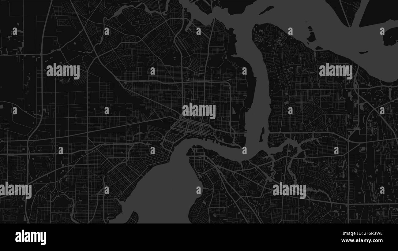 Dunkelgraue Vektor-Hintergrundkarte, Jacksonville Stadtgebiet Straßen und Wasserkartographie Illustration. Breitbild-Anteil, digitale flache Design streetm Stock Vektor