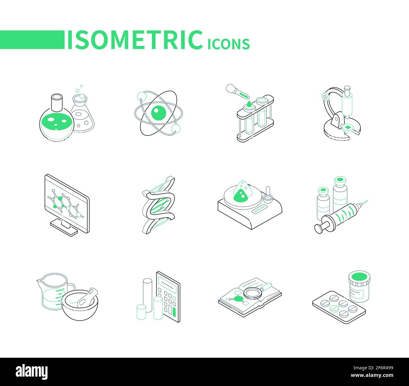 Wissenschaft und Medizin - moderne Linie isometrische Symbole gesetzt. Bildung und Studium, Labor, Forschungskonzept. Kolben und Röhrchen, Mikroskop, DNA-Molekular Stock Vektor