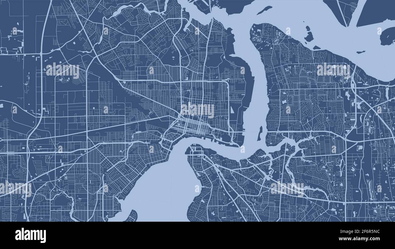 Blauer Vektor Hintergrund Karte, Jacksonville Stadtgebiet Straßen und Wasserkartographie Illustration. Breitbild-Proportion, digitale Flat-Design-Streetmap. Stock Vektor