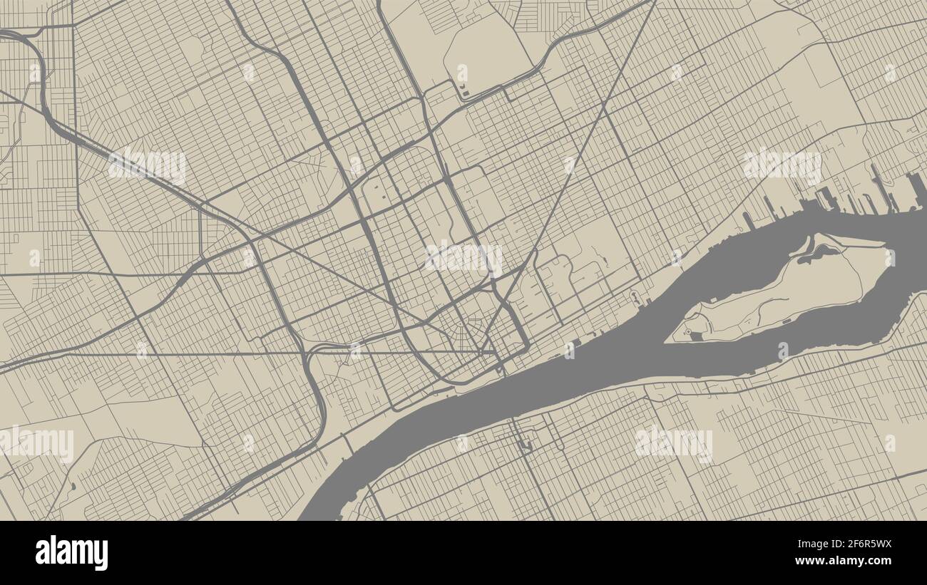 Helle gelbe und graue Vektor-Hintergrundkarte, Detroit Stadtgebiet Straßen und Wasserkartographie Illustration. Breitbild-Anteil, digitales flaches Design Stock Vektor