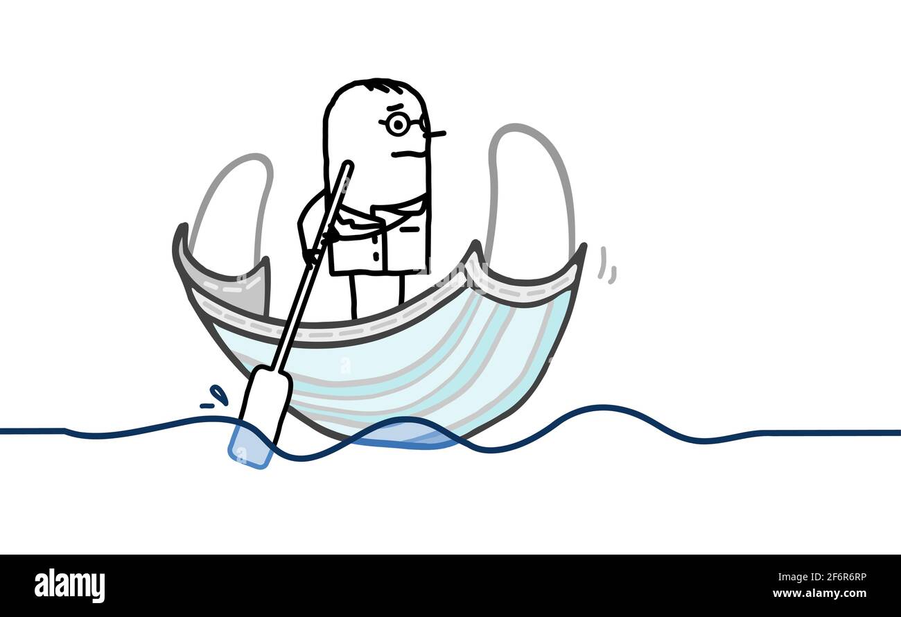 Handgezeichneter Cartoon-Arzt in einem Maskenboot, allein im Meer paddelnd Stock Vektor