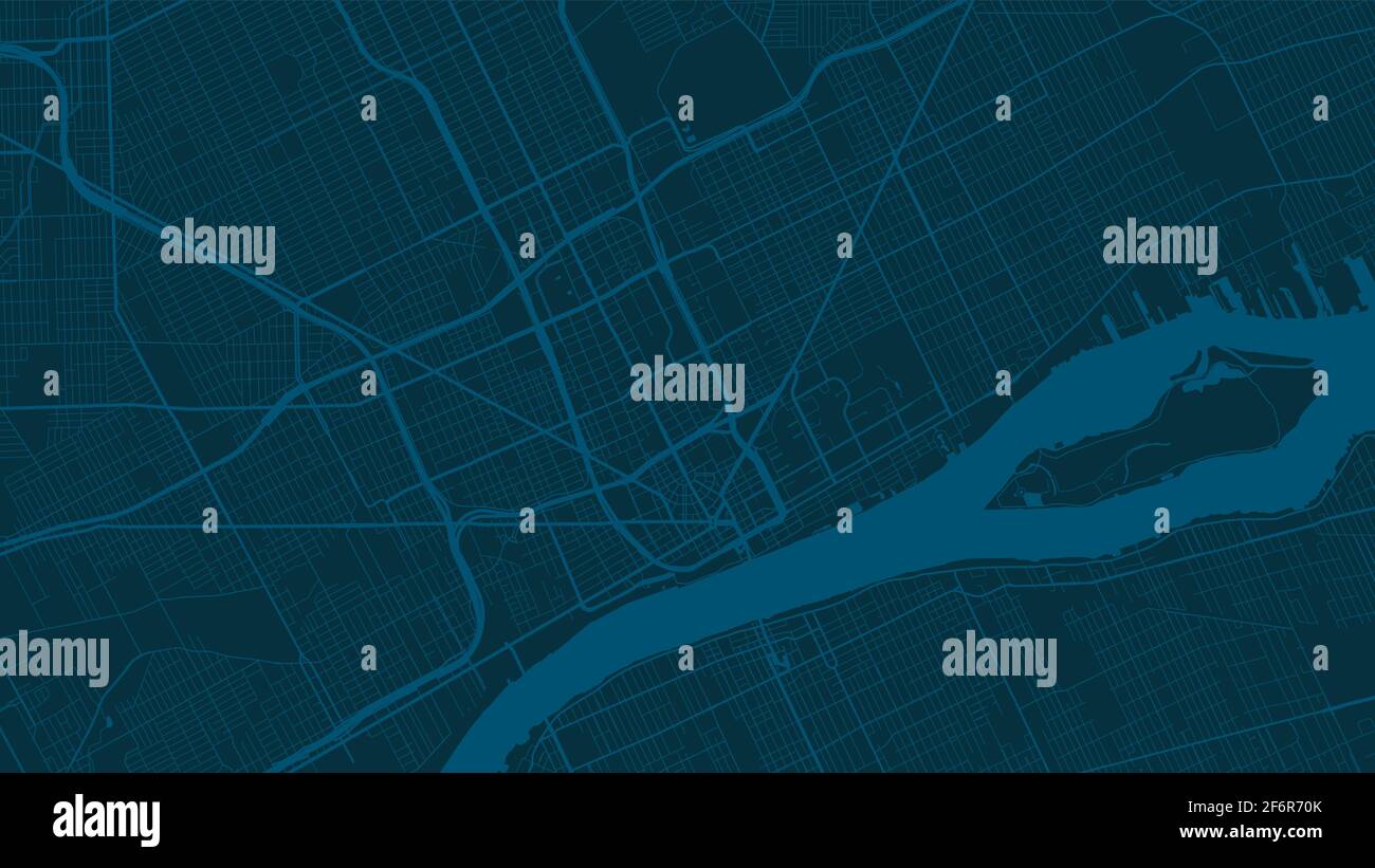 Navy Blue Vektor Hintergrund Karte, Detroit Stadtgebiet Straßen und Wasser Kartographie Illustration. Breitbild-Proportion, digitale Flat-Design-Streetmap. Stock Vektor