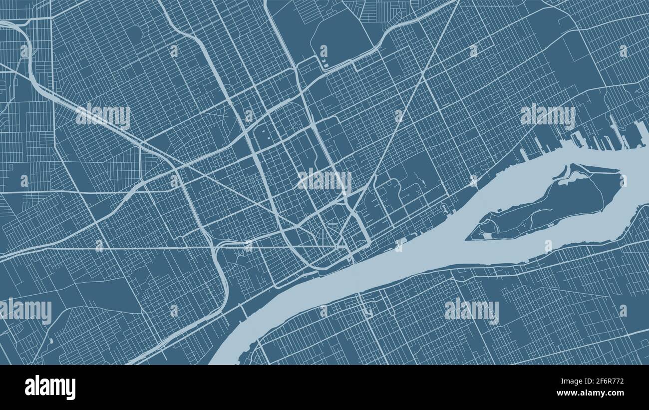 Blauer Vektor Hintergrund Karte, Detroit Stadtgebiet Straßen und Wasser Kartographie Illustration. Breitbild-Proportion, digitale Flat-Design-Streetmap. Stock Vektor