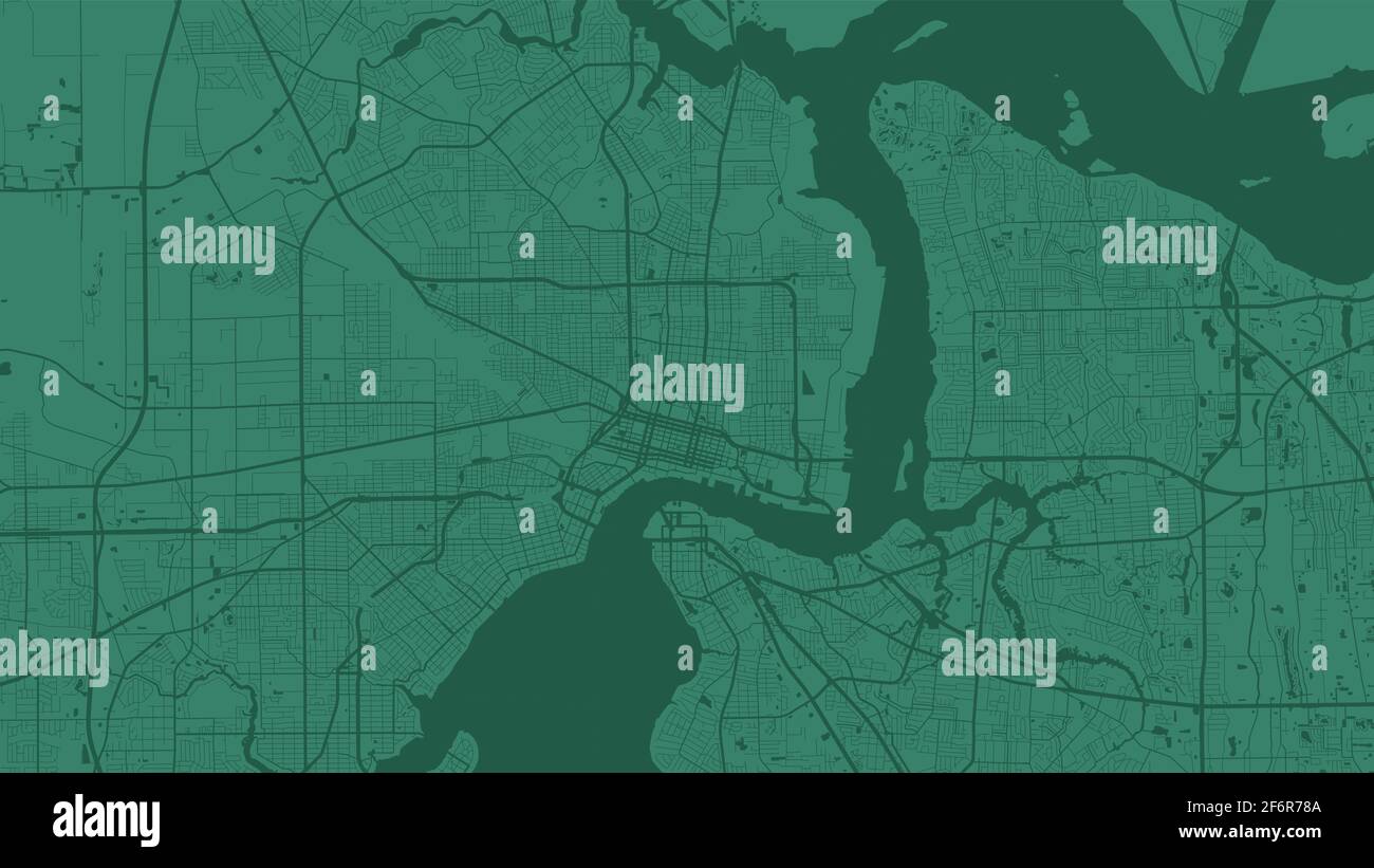 Grüne Vektor Hintergrund Karte, Jacksonville Stadtgebiet Straßen und Wasser Kartographie Illustration. Breitbild-Proportion, digitale Flat-Design-Streetmap. Stock Vektor