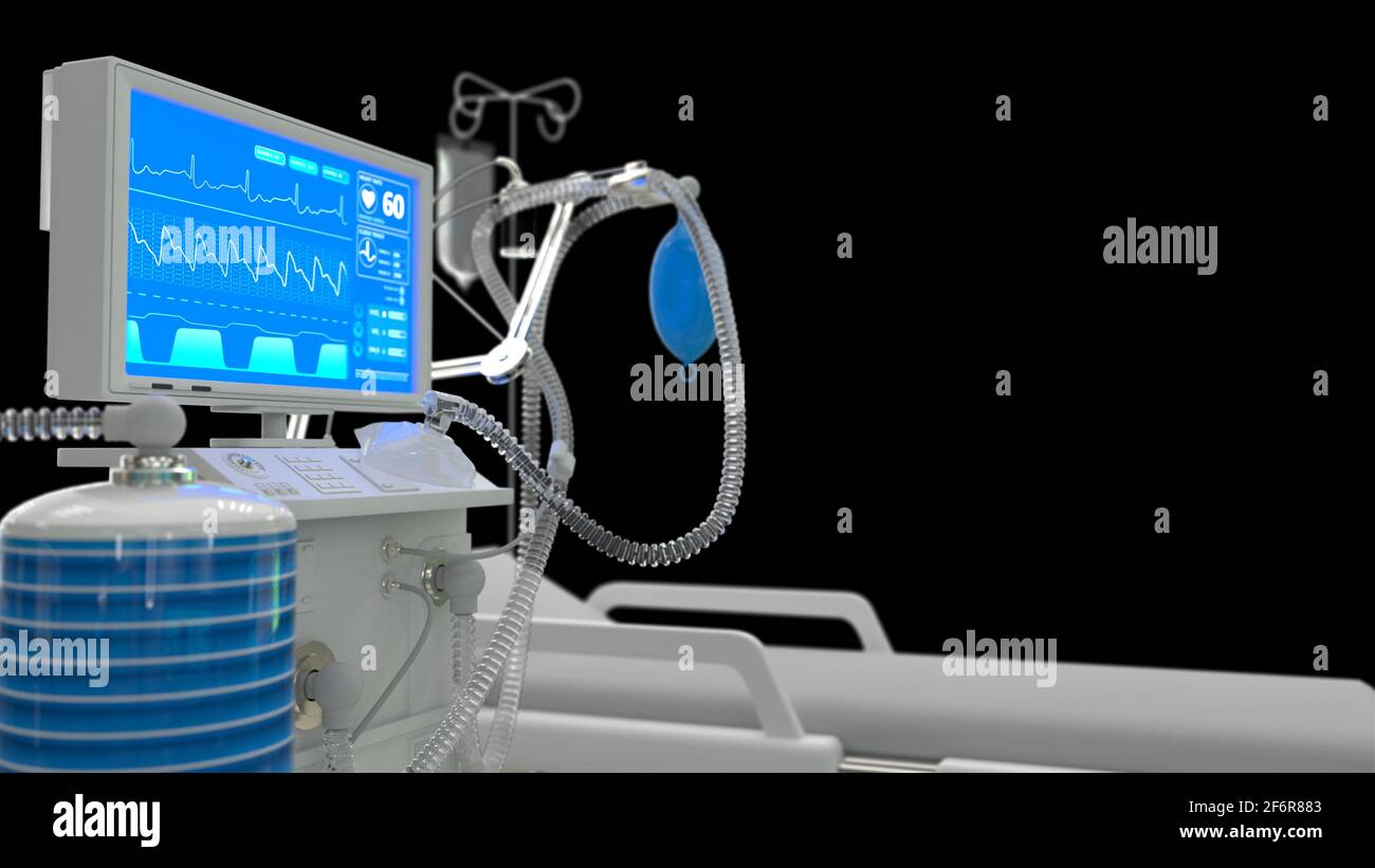 3D-Illustration für das Gesundheitswesen, Beatmungsgerät für die ITS-Lunge mit 3D-Darstellung des Betts, isoliert auf Schwarz Stockfoto