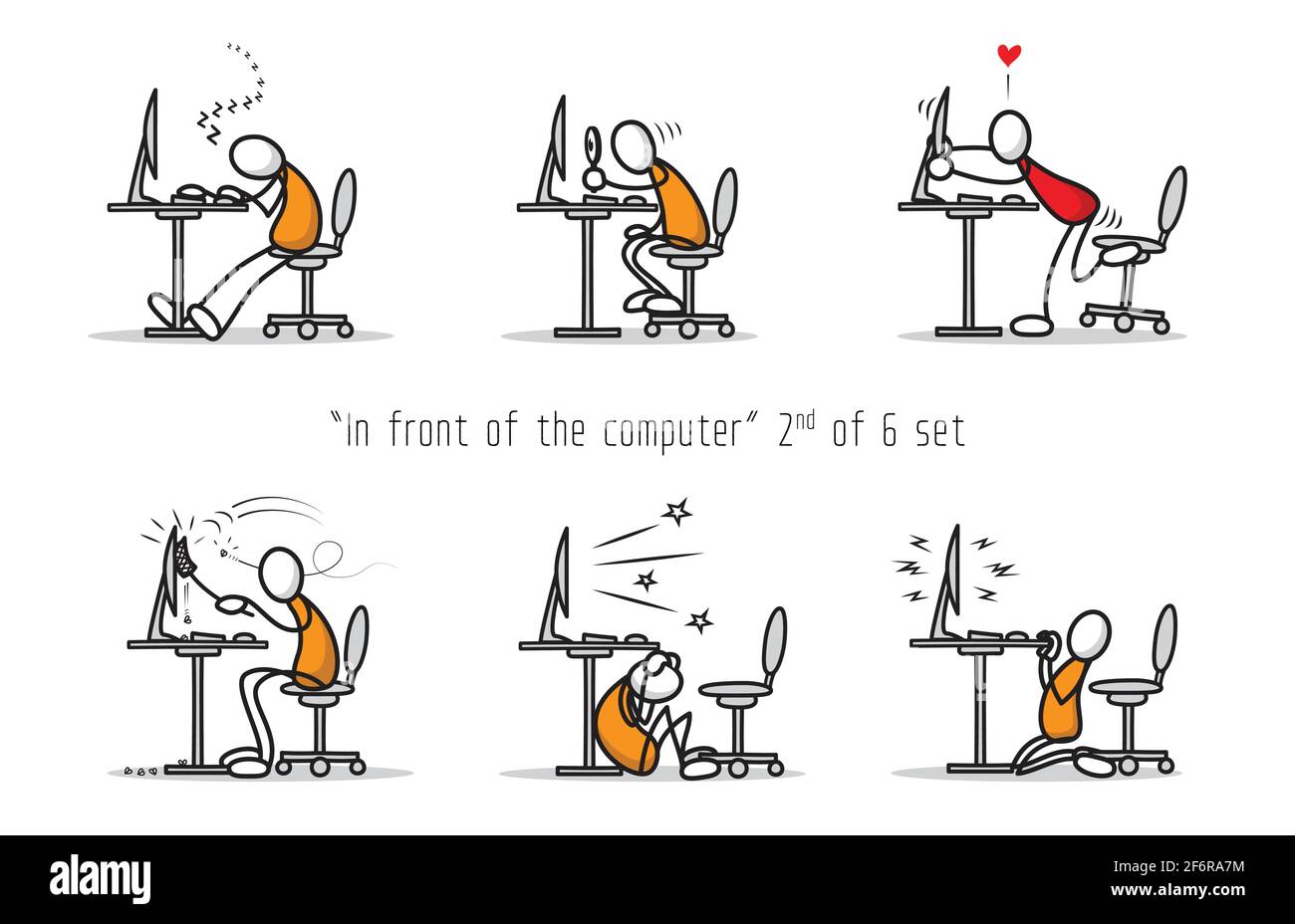 Vektor-Set von Humor Cartoon Mann vor einem Computer in verschiedenen Einstellungen und Posen. Abbildung drucken. Stock Vektor