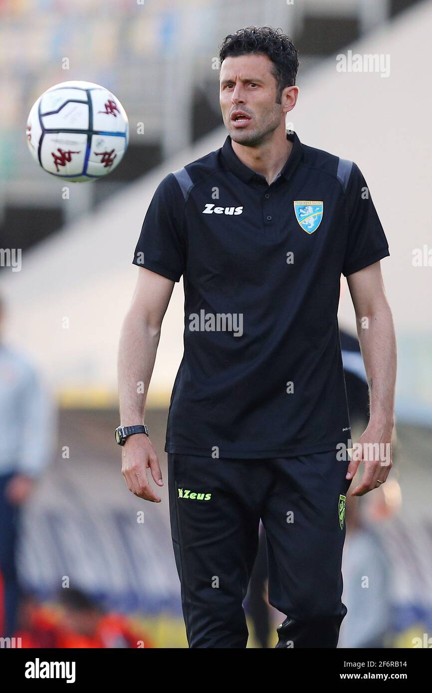 Fabio Grosso Cheftrainer von Frosinone reagiert während der italienischen Meisterschaft, BKT Lega Serie B Fußballspiel zwischen Frosinone Calcio und AC Reggiana am 2. April 2021 im Benito Stirpe Stadion in Frosinone, Italien - Foto Federico Proietti / DPPI Stockfoto