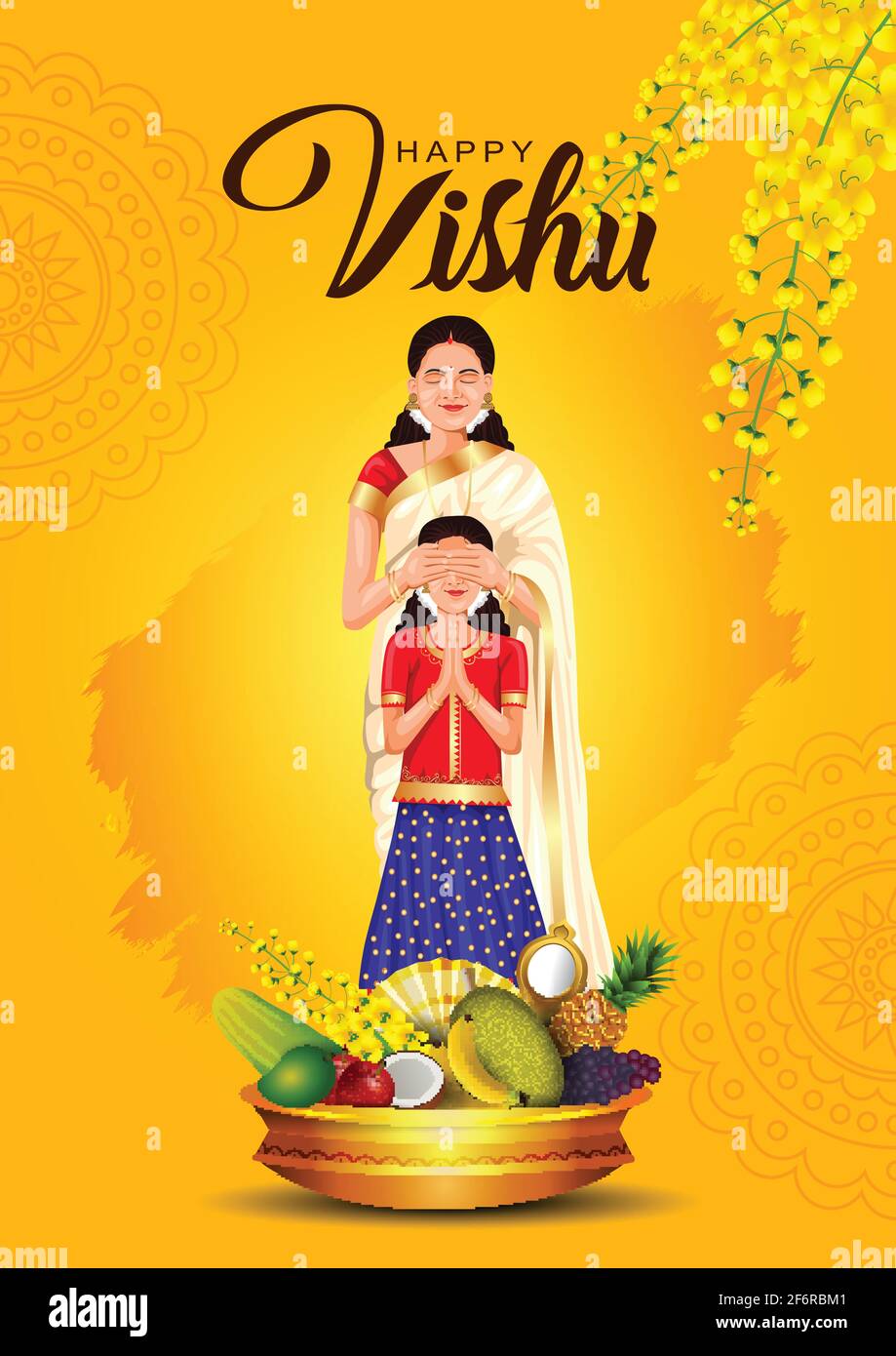 Frohe Vishu Grüße. April 14 Kerala Festival mit Familie Vishu Kani, vishu Blume Früchte und Gemüse in einem Bronzegefäß. vektor-Illustration des Stock Vektor