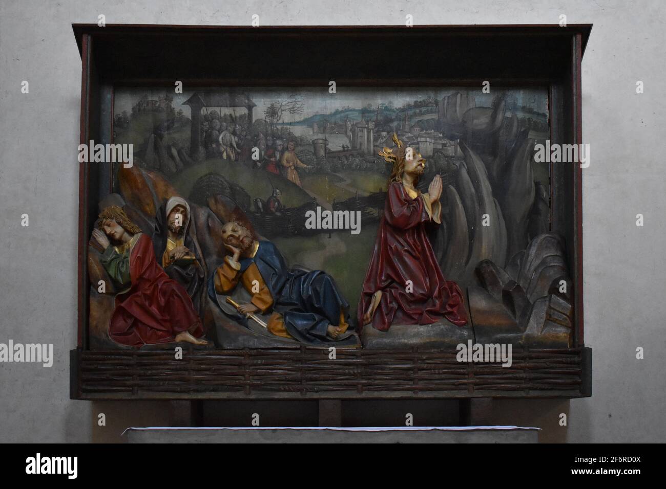 Die Abteikirche St. Maria und Markus in Reichenau Mittelzel. Relief 'die Qual im Garten Gethsemane'. Stockfoto