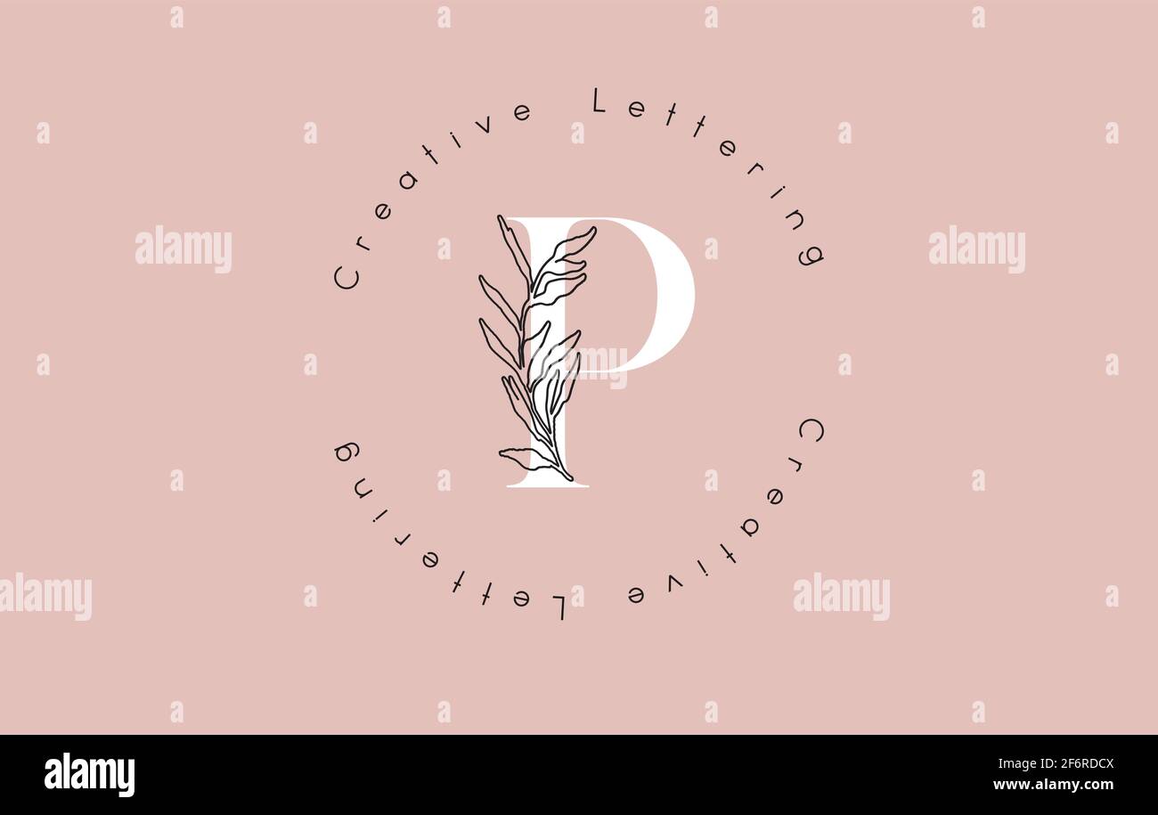 Weißes P-Logo mit kreisförmigen Schriftzügen, Blättern und pastellfarbenem Hintergrund. Kreative Vektor-Illustration mit dem Buchstaben P für Schönheit, Fashi Stock Vektor