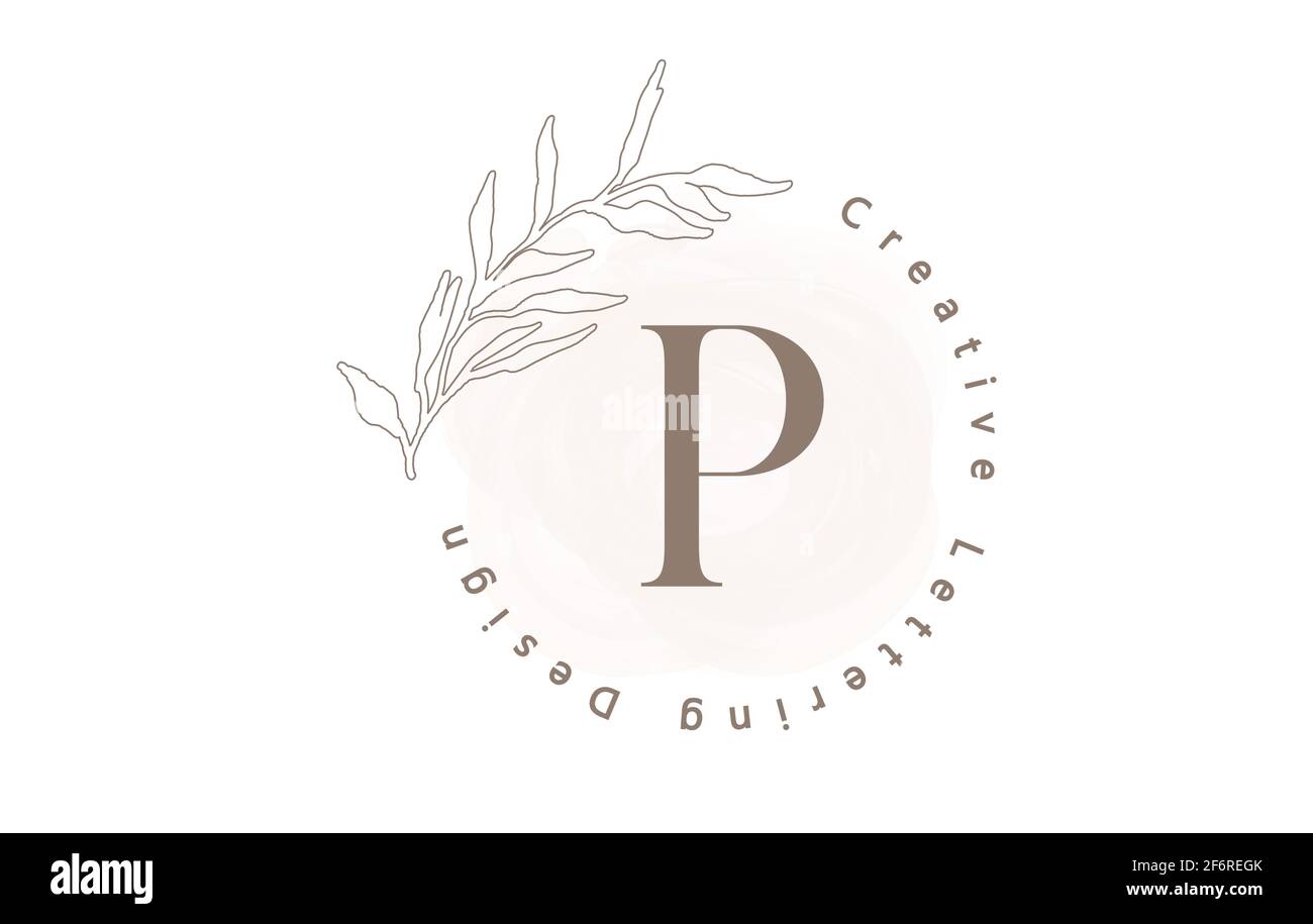Buchstabe P Logo mit Aquarellpinsel und Kreisschriftendesign und Umrissblättern in Pastellfarben. Kreative Vektordarstellung mit dem Buchstaben P für Be Stock Vektor