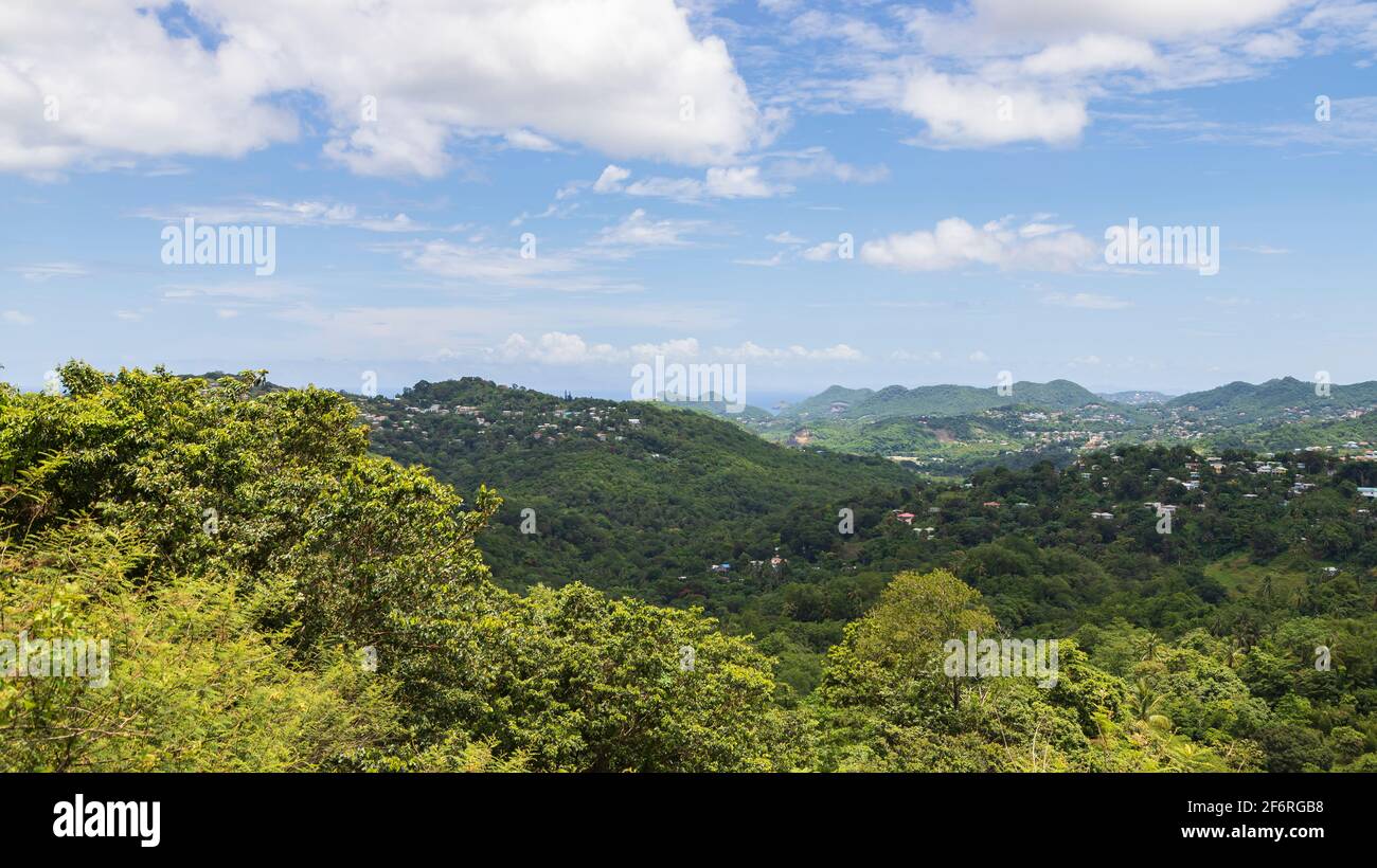 Tropischer blick auf Hügel und Grün, im Norden von St. Lucia, von Ti Rocher aus gesehen, Stockfoto