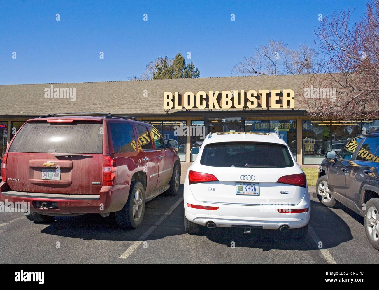 Das Äußere des Blockbuster Video Stores in Bend, Oregon, dem einzigen Blockbuster-Store der Welt. Stockfoto