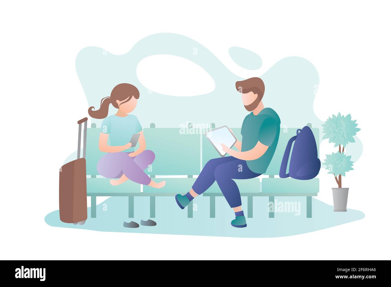 Am Flughafen warten Menschen auf die Abreise, männlich und weiblich Charaktere mit Gadgets und Gepäck, Vektor-Illustration im trendigen Stil Stock Vektor