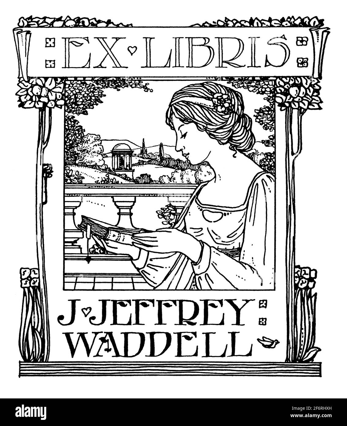 Persönliches Exlibris, auf dem Frauen in klassischer Landschaft für Schottische lesen Architekt John Jeffrey Waddell vom 1903 Studio Magazine of Fine Und Appl Stockfoto