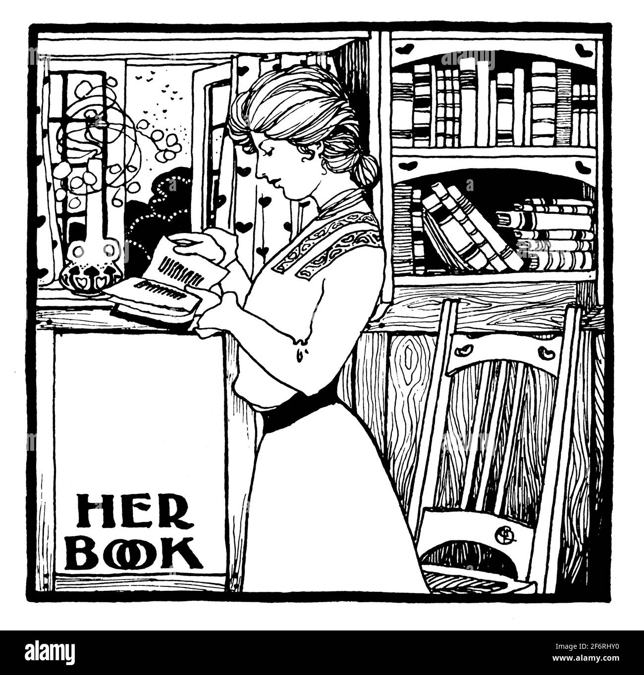 Frau in der Hausbibliothek liest Buch am Fenster „ihr Buch“ Exlibris von L G Bird aus dem 1903 Studio Magazine of Kunst und Angewandte Kunst Stockfoto
