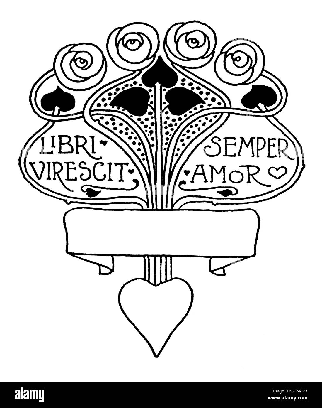 'libri semper virescit amor' Bücher lieben immer Blüten, Motto Bookplate von Ethel Larcombe aus dem 1903 Studio Magazin für schöne und angewandte Kunst Stockfoto