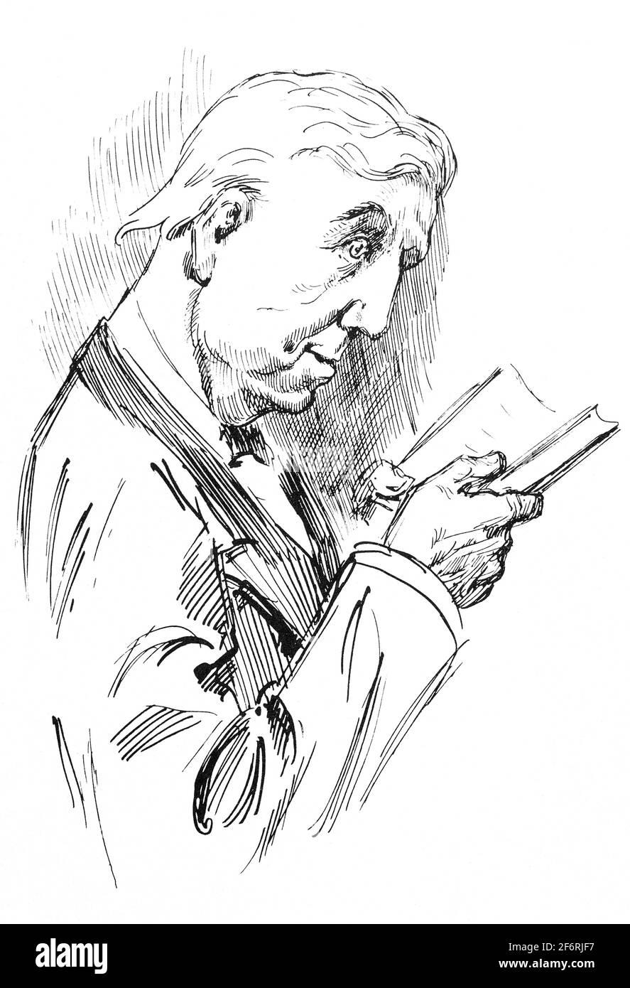 Ein Cartoon-Porträt von Charles Lutwidge Dodgson (1832-1898), besser bekannt unter seinem Pseudonym Lewis Carroll, einem englischen Autor von Kinderromanen, insbesondere Alice's Adventures in Wonderland und dessen Fortsetzung Through the Looking-Glass. Er wurde für seine Einrichtung mit Wortspiel, Logik und Fantasie bekannt. Die Gedichte 'Jabberwocky' und die Jagd auf den Snark sind in das Genre des literarischen Unsinns eingeordnet. Er war auch Mathematiker, Fotograf, Erfinder und anglikanischer Diakon. Stockfoto
