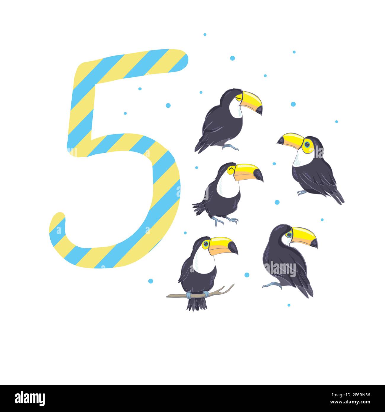 Cartoon-Illustration mit Nummer fünf und Tukane Stock Vektor