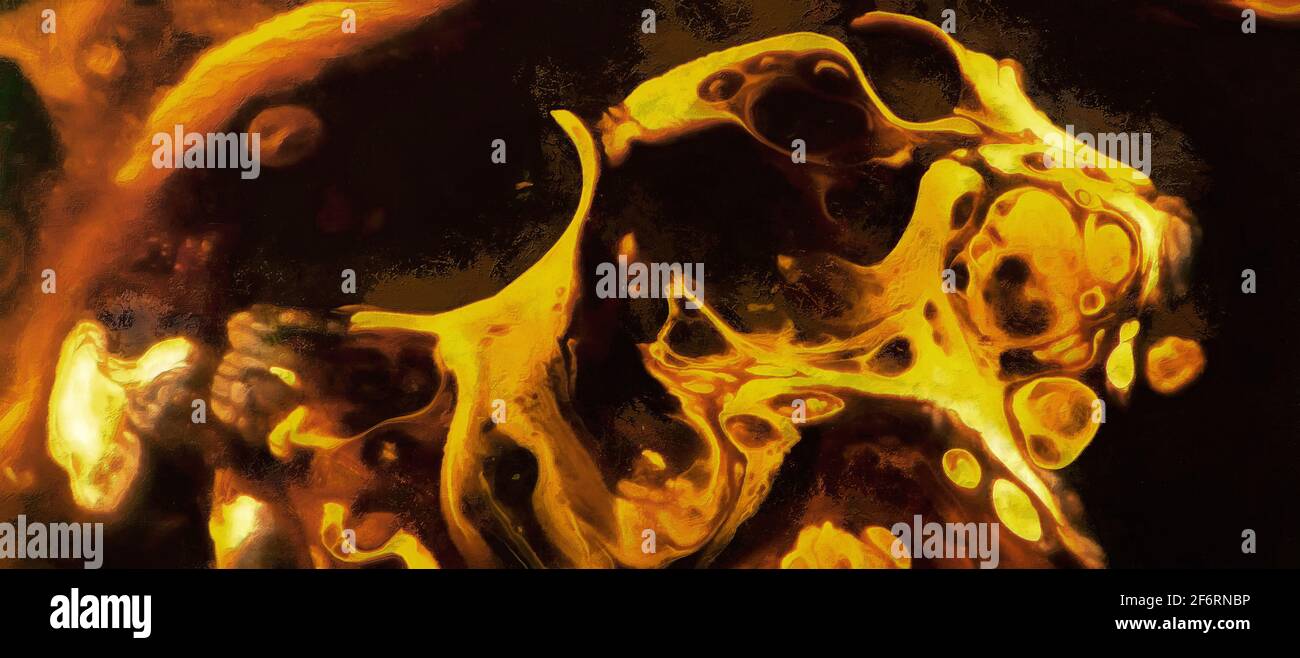 Heiße geschmolzene Lava. Dunkler Hintergrund. Künstlerische Arbeit Stockfoto
