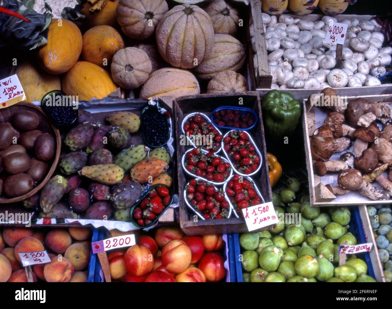 Bunte Ausstellung von Produkten auf dem Straßenmarkt in Siena, Italien Stockfoto