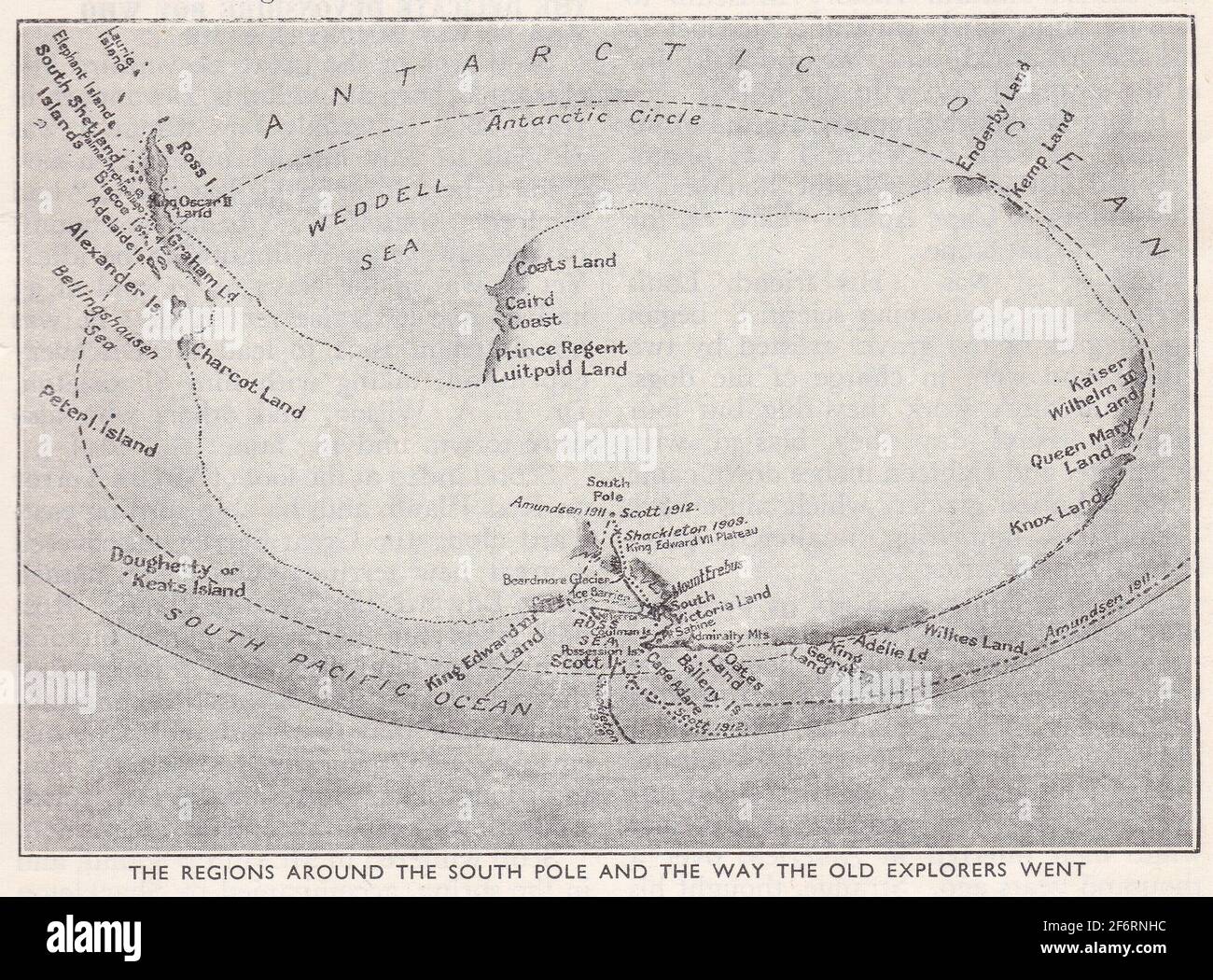 Vintage-Karte / Illustration der Regionen rund um den Südpol und der Art und Weise, wie die alten Entdecker gingen. Stockfoto