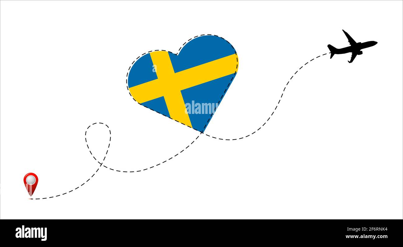 Flugstrecke mit der Schwedenflagge im Herzen. Reise in dein geliebtes Land. Vektor. Stock Vektor