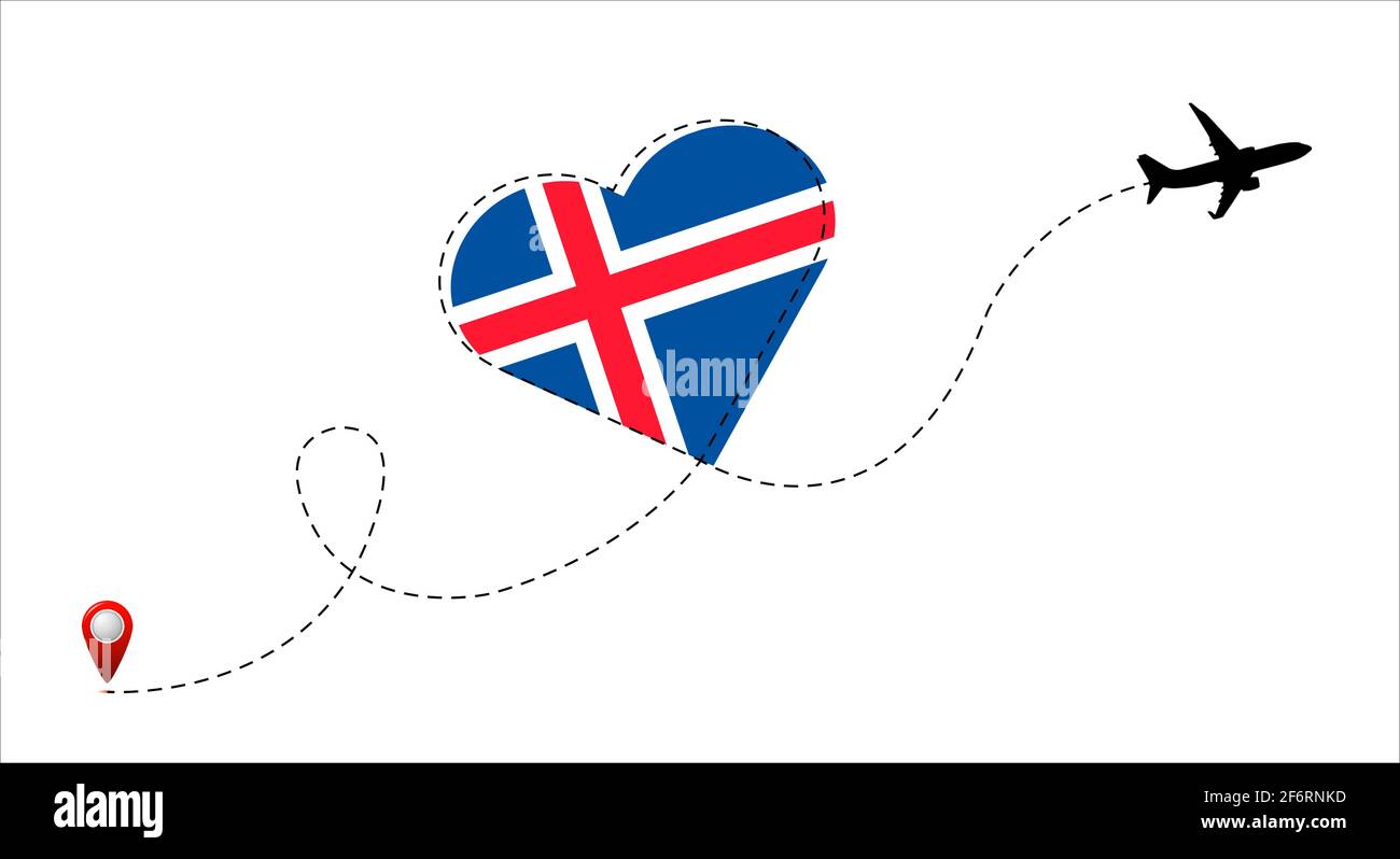 Flugstrecke mit der isländischen Flagge im Herzen. Reise in dein geliebtes Land. Vektorgrafik. Stock Vektor