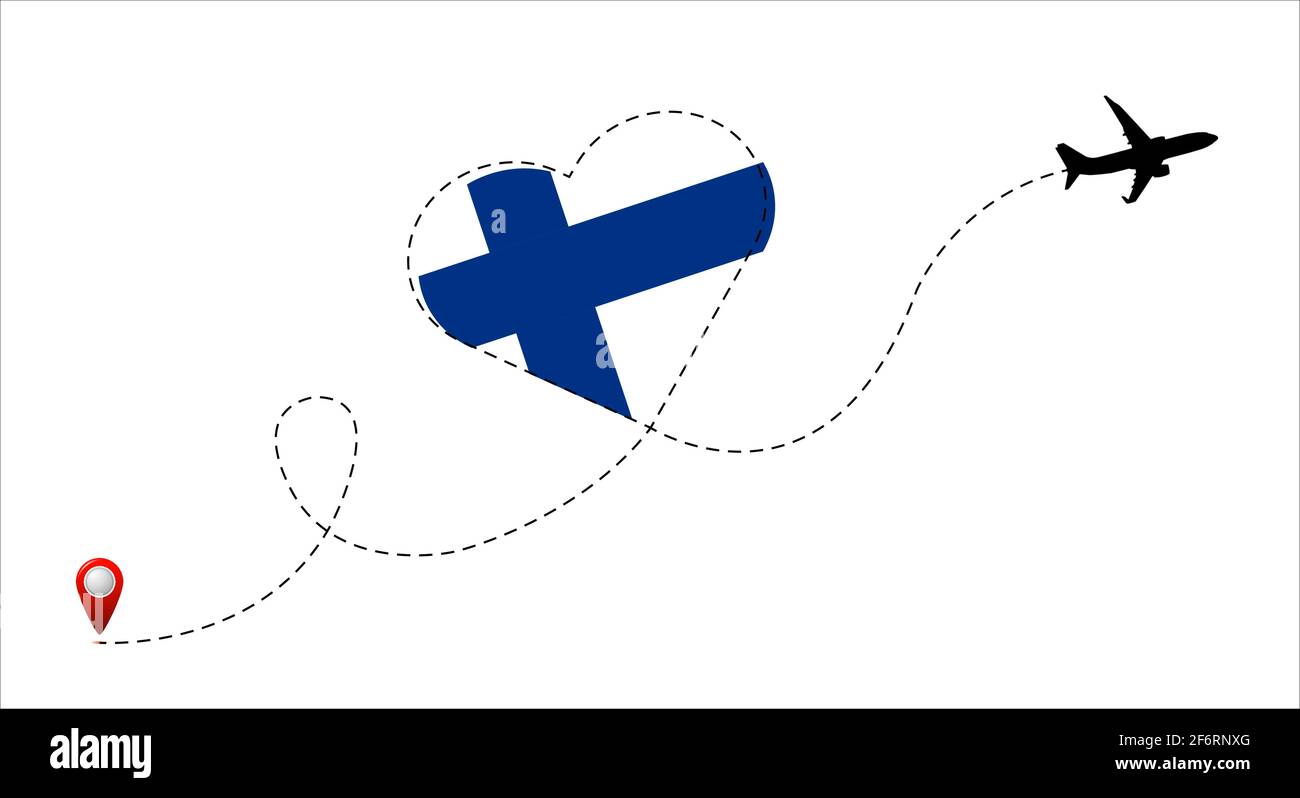 Flugstrecke mit der finnischen Flagge im Herzen. Reise in dein geliebtes Land. Vektor. Stock Vektor