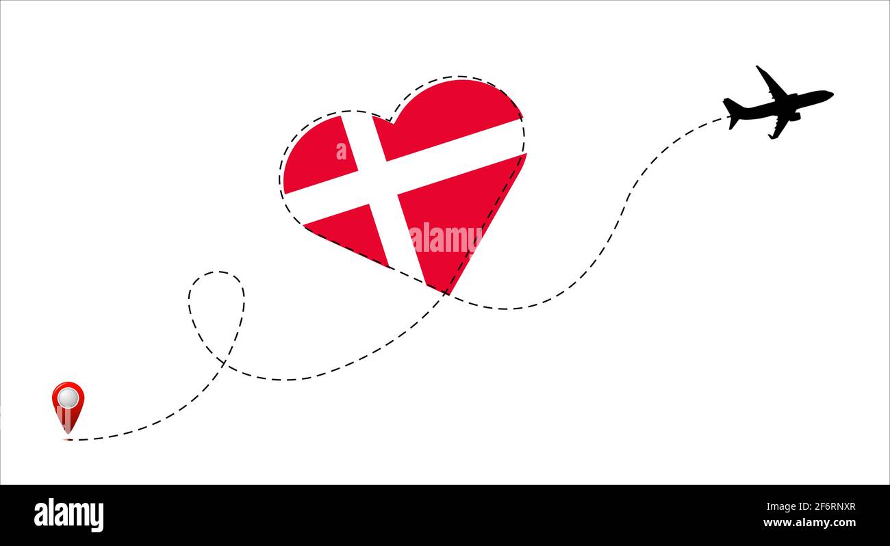 Flugstrecke mit der dänischen Flagge im Herzen. Reise in dein geliebtes Land. Vektorgrafik. Stock Vektor