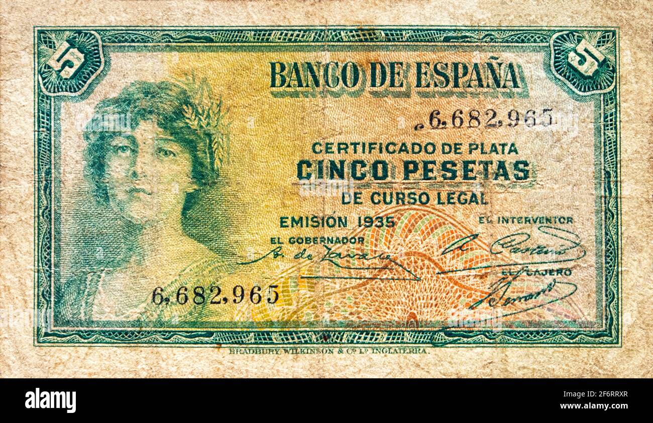 Spanien, fünf Pesetas Banknote aus dem Jahr 1935. Stockfoto