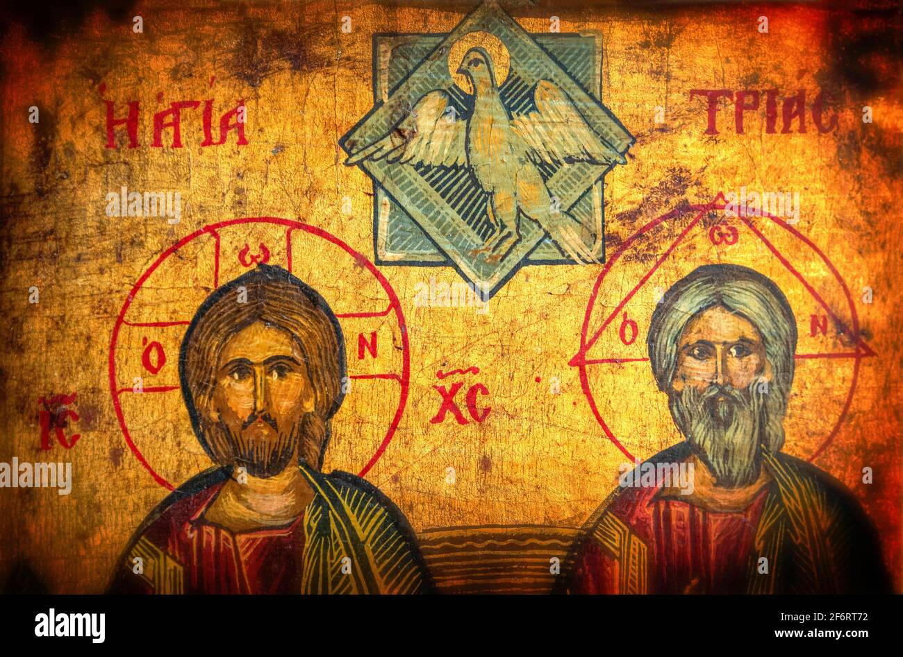 Religion, christlicher Orthodoxe, Vater, Sohn und der Heilige Geist auf einer Ikone vom Mont Athos. Griechenland. Stockfoto