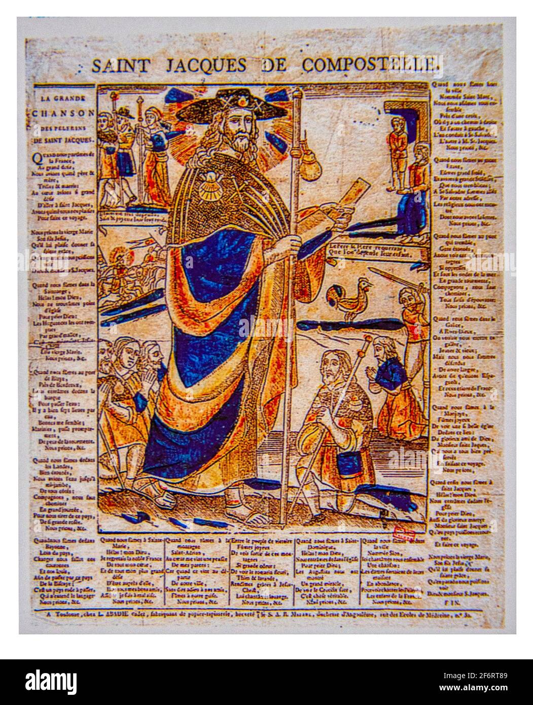 Grande Chanson des pèlerins de Saint Jacques, Gravure, XVIIs. (Le Texte est clui de la Grande Chanson et le dessin relate en plusieurs tableaux le Stockfoto