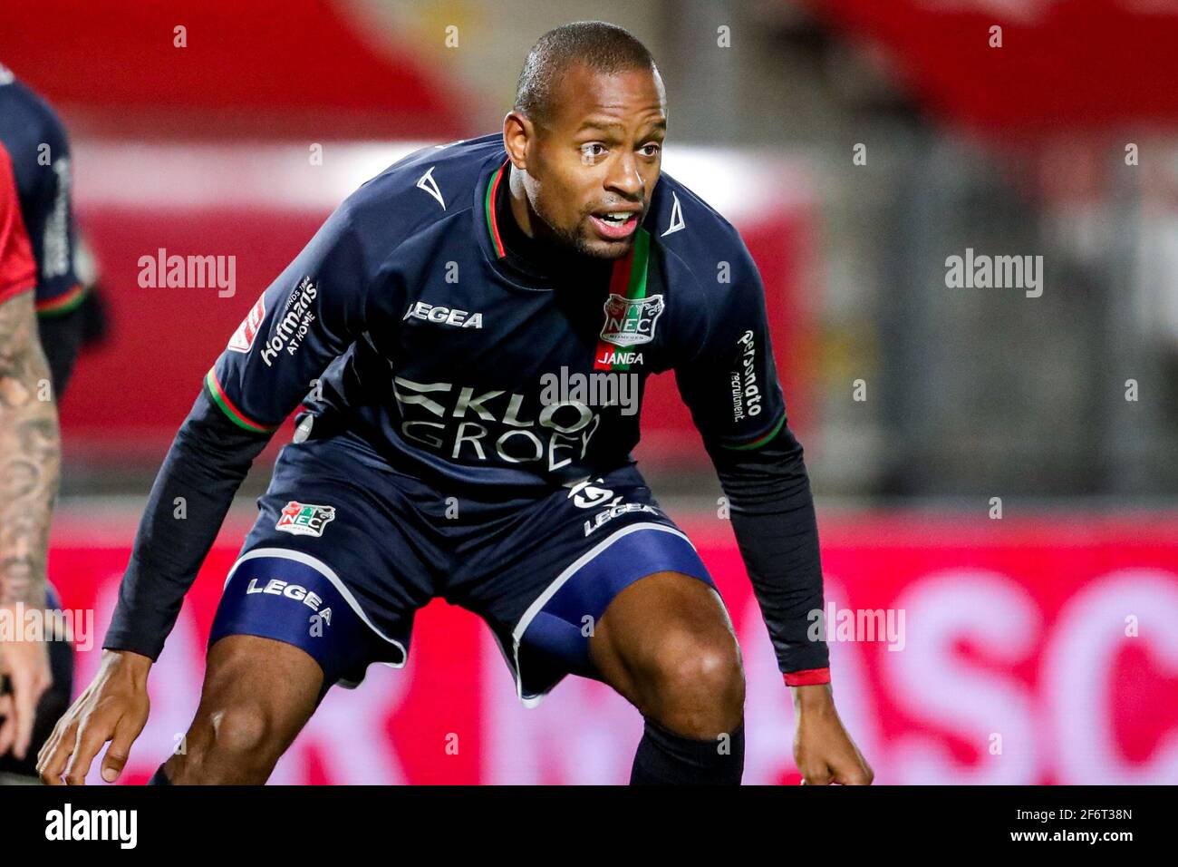 ALMERE, NIEDERLANDE - 2. APRIL: Rangelo Janga von NEC während des niederländischen Keukenkampioendivisie-Spiels zwischen Almere City FC und NEC im Yanmar Stadion auf EINEM Stockfoto