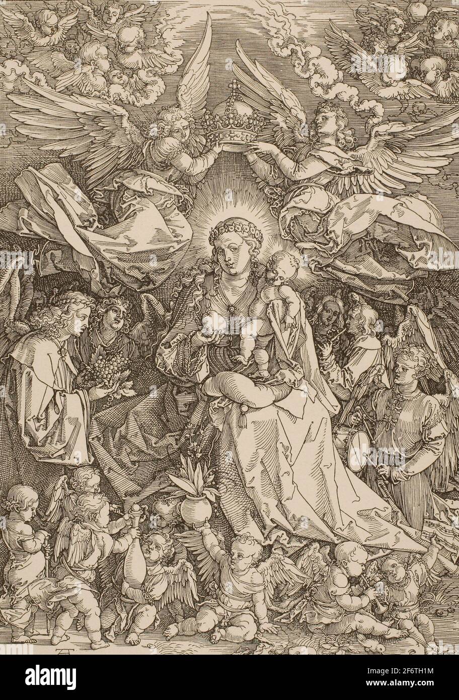 Autor: Albrecht Drer. Madonna Königin der Engel - 1518 - Albrecht Drer Deutsch, 1471-1528. Holzschnitt in schwarz auf elfenbeinfarbenem Papier. Deutschland. Stockfoto