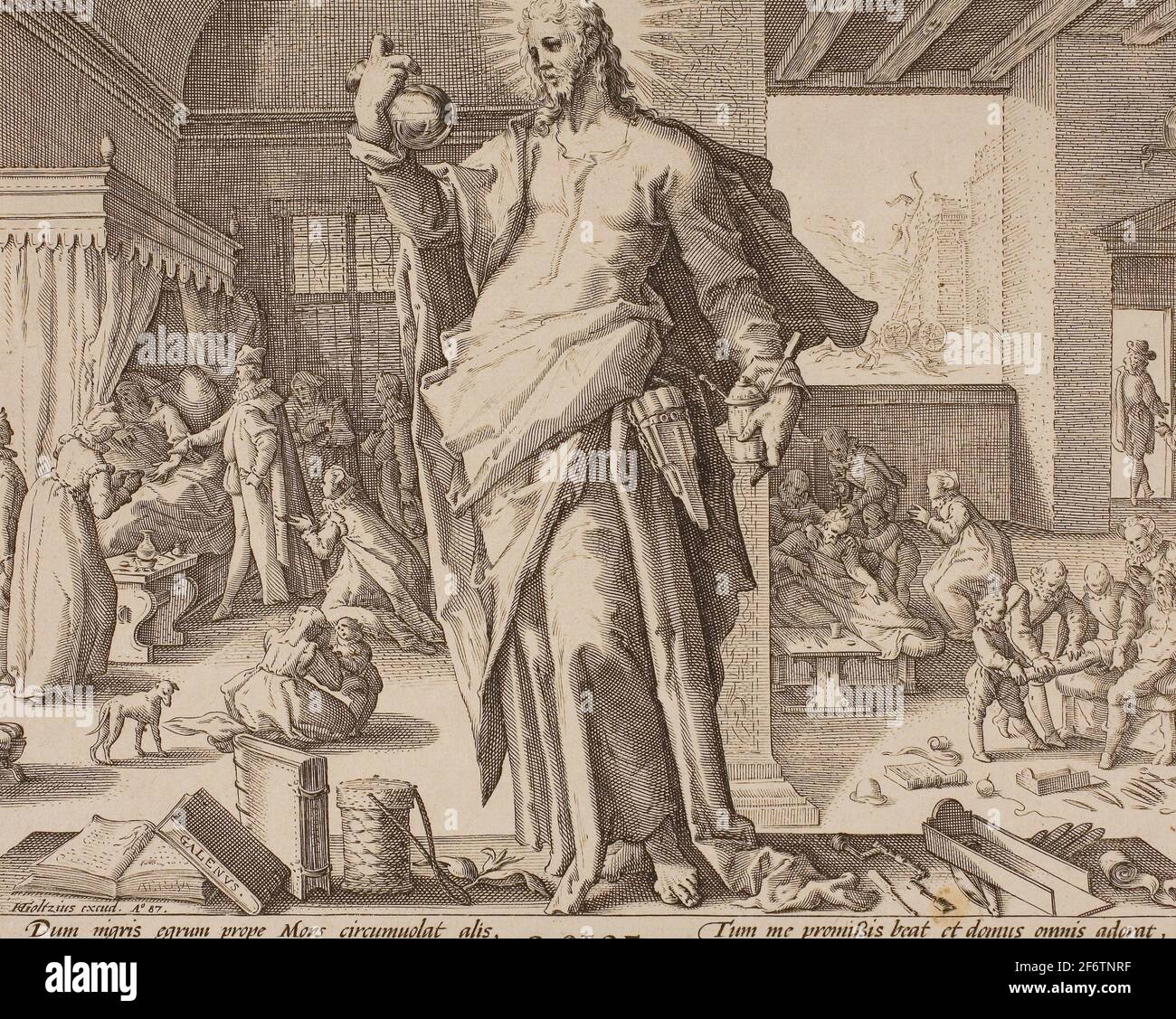 Autor: Hendrick Goltzius. Der als Gott betrachtete Arzt, Platte eins aus Allegorien der Ärzteschaft. - 1587 - Unbekannter Künstler (Niederländisch, Stockfoto