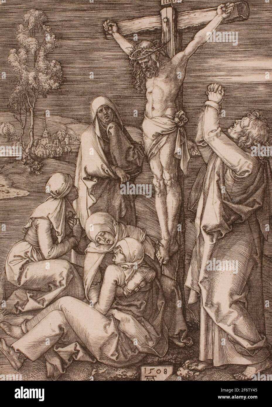 Autor: Albrecht Drer. Kreuzigung - 1508 - Albrecht Drer Deutsch, 1471-1528. Gravur in schwarz auf elfenbeinfarbenem Papier. Deutschland. Stockfoto