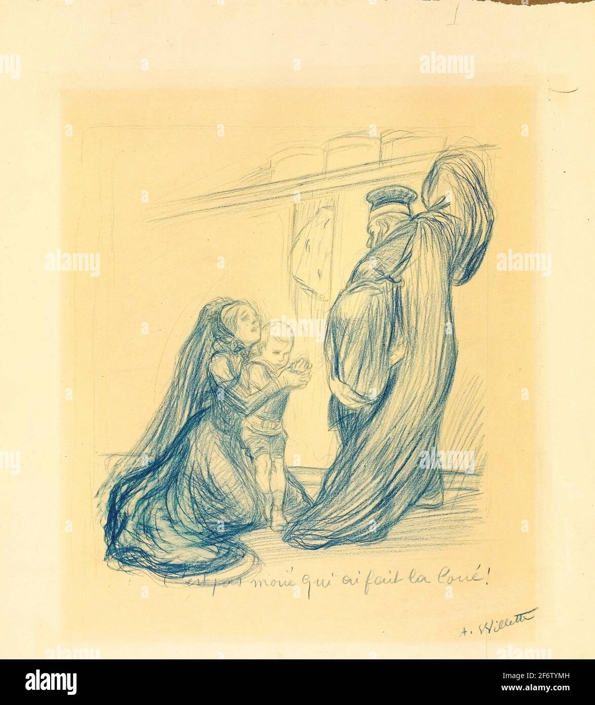 Autor: Adolphe Lon Willette. Frau bittet einen Mann - Adolphe Willette Französisch, 1857-1926. Blauer Buntstift, über Graphit, auf cremefarbenem Wove-Papier Stockfoto