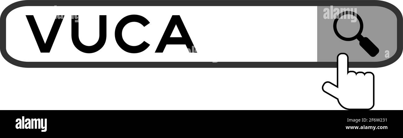 Handsymbol über der Lupe, um das Wort VUCA (Abkürzung für Volatilität, Unsicherheit, Komplexität und Mehrdeutigkeit) im Suchbanner auf weißem Hintergrund zu finden Stock Vektor