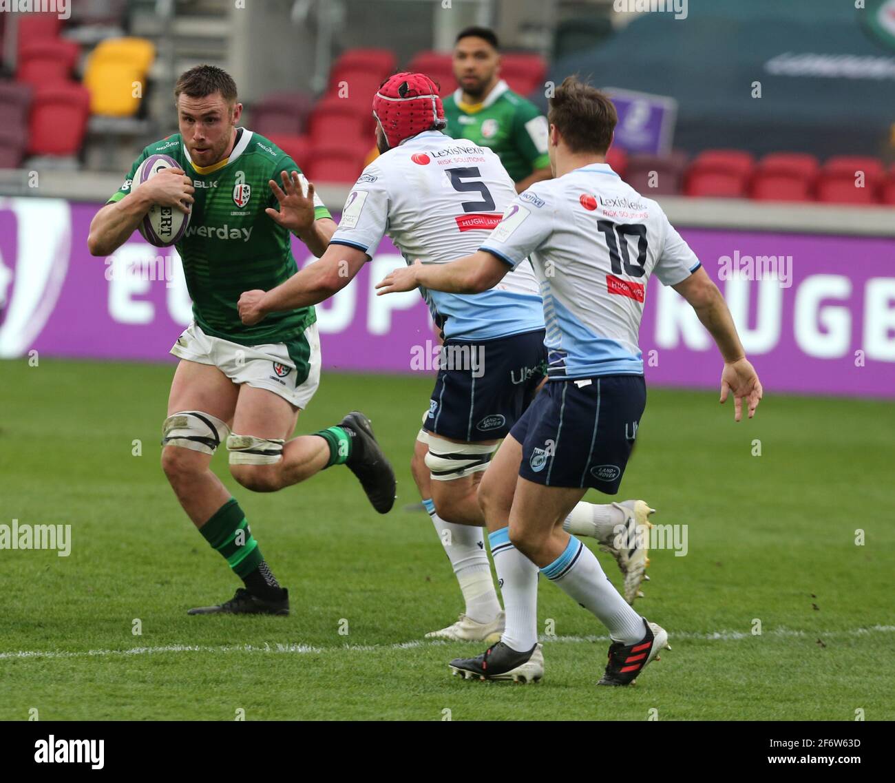 BRENTFORD, ENGLAND - APRIL 02: George Nott aus London Irish während des European Champions Cup zwischen London Irish und Cardiff Blues im Brentford Community Stadium, Brentford, UK am 02. April 2021 Credit: Action Foto Sport/Alamy Live News Stockfoto