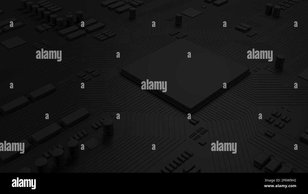 Schwarzer Chip auf schwarzer Leiterplatte. Hauptplatine des Computers mit CPU. Technologiehintergrund. 3d-Illustration. Stockfoto