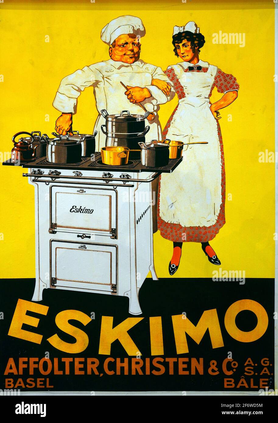 Namensgebendes Plakat zur Förderung von Küchenöfen, die Anfang des XX.  Jahrhunderts besonders elegant waren, von der Schweizer Firma aus Bale -  ESKIMO, Plakat Stockfotografie - Alamy