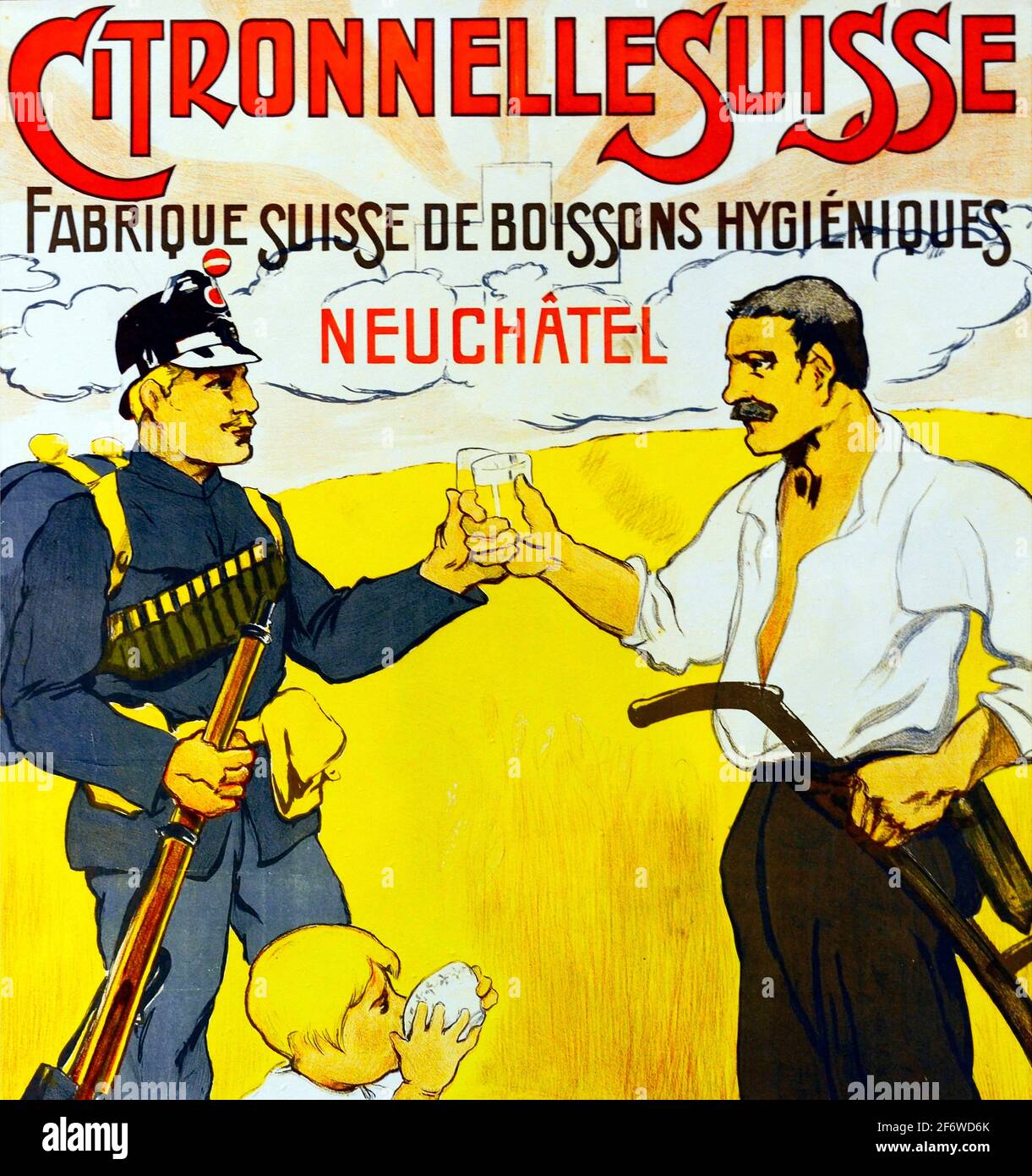 Bauern und Soldaten wurden ermutigt, alkoholfreie Getränke zu konsumieren. Historisches Plakat von um 1902 von Edouard-Louis Baud, Citronelle Suisse, Stockfoto