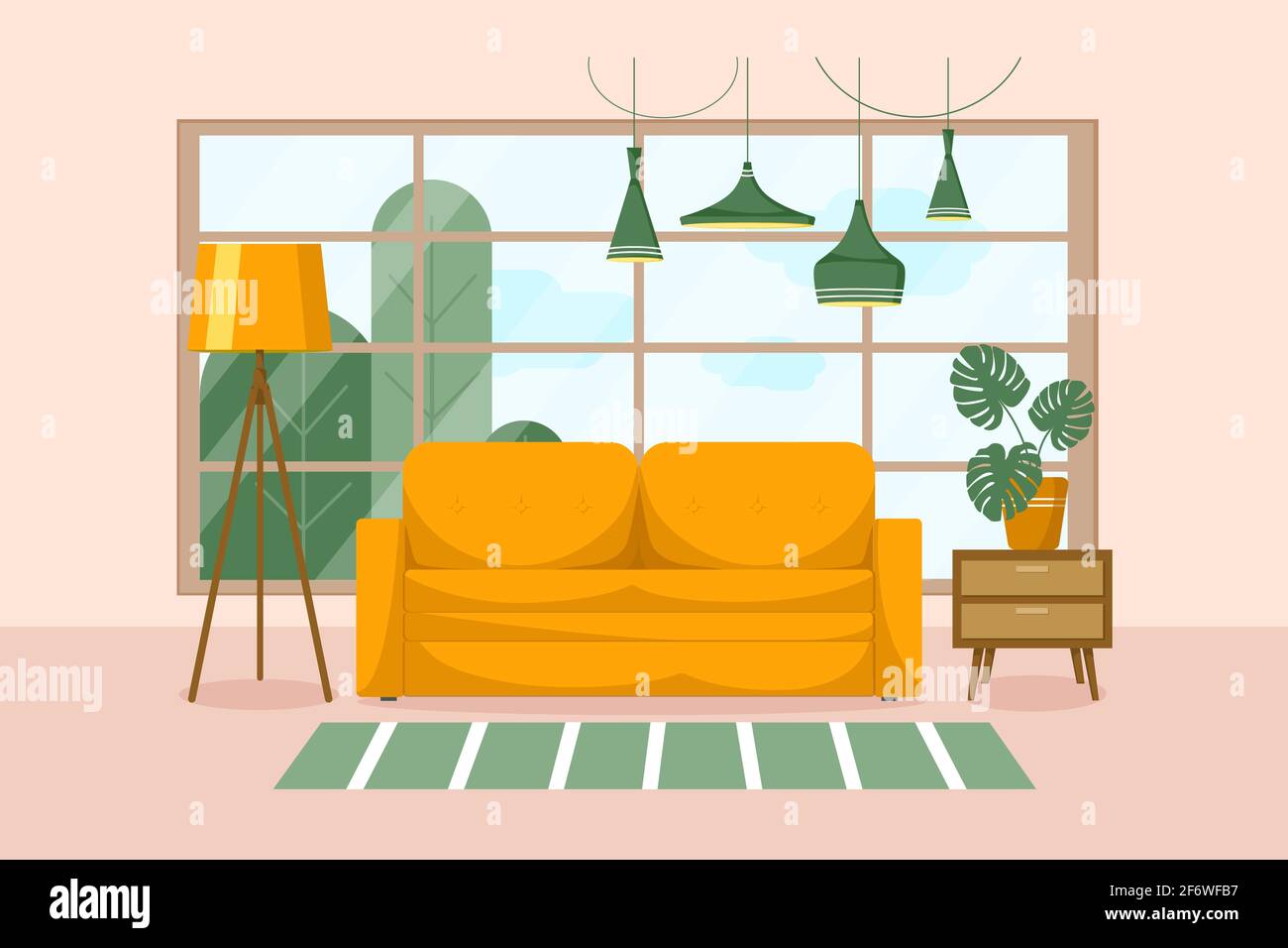 Stilvolles Wohnzimmer mit Möbeln. Stock Vektor