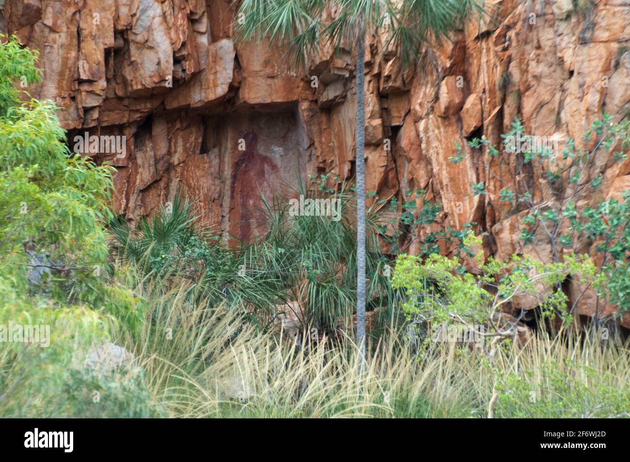 Felswand bei Nitmiluk (Katherine) Gorge, Katherine, Northern Territory. Unter dem Überhang ist die Felskunst der Aborigines Jawoyn zu sehen. Stockfoto